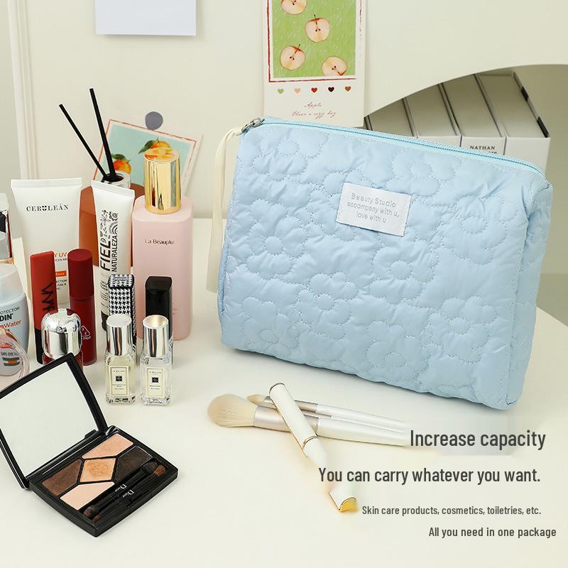 Quilted Cream Cloud Makeup Bag, Portable Handheld Cosmetics Storage, Large Capacity