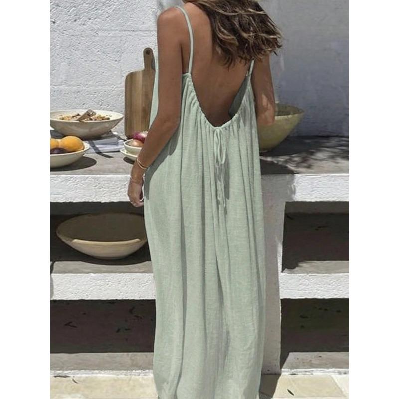 VEZFAA Women's Fashion Summer Spring Solid Color Print Sleeveless Suspenders Loose Waistline  Casual Dresses