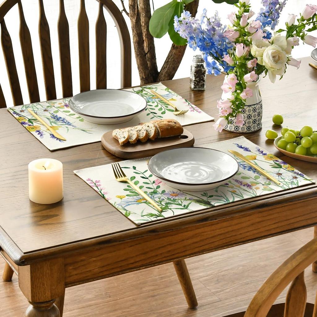 Daisy Eucalyptus Lavender Floral Leaves Spring Placemats Set of 4,12x18 Inch Seasonal Table Mats for Party Kitchen Dining Decoration
