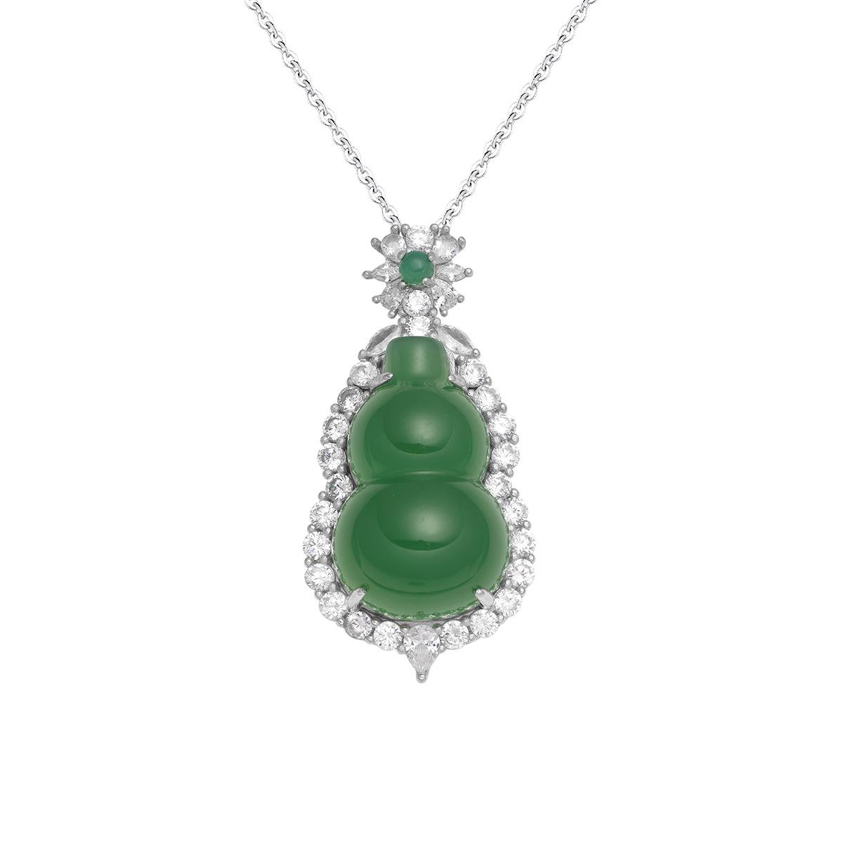 S925 Sterling Silver Gourd Necklace Women s Inlaid Green Agate Pendant Guochao Inlaid with Natural Chalcedony Collarbone Chain Jewelry 2026 45CM