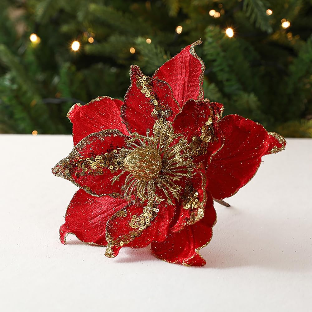 1 Pcs Poinsettia Artificial Flowers Christmas Tree Ornaments Velvet Glitter Magnolia Flowers for Xmas New Year Party Wedding Holiday DIY Decorations,