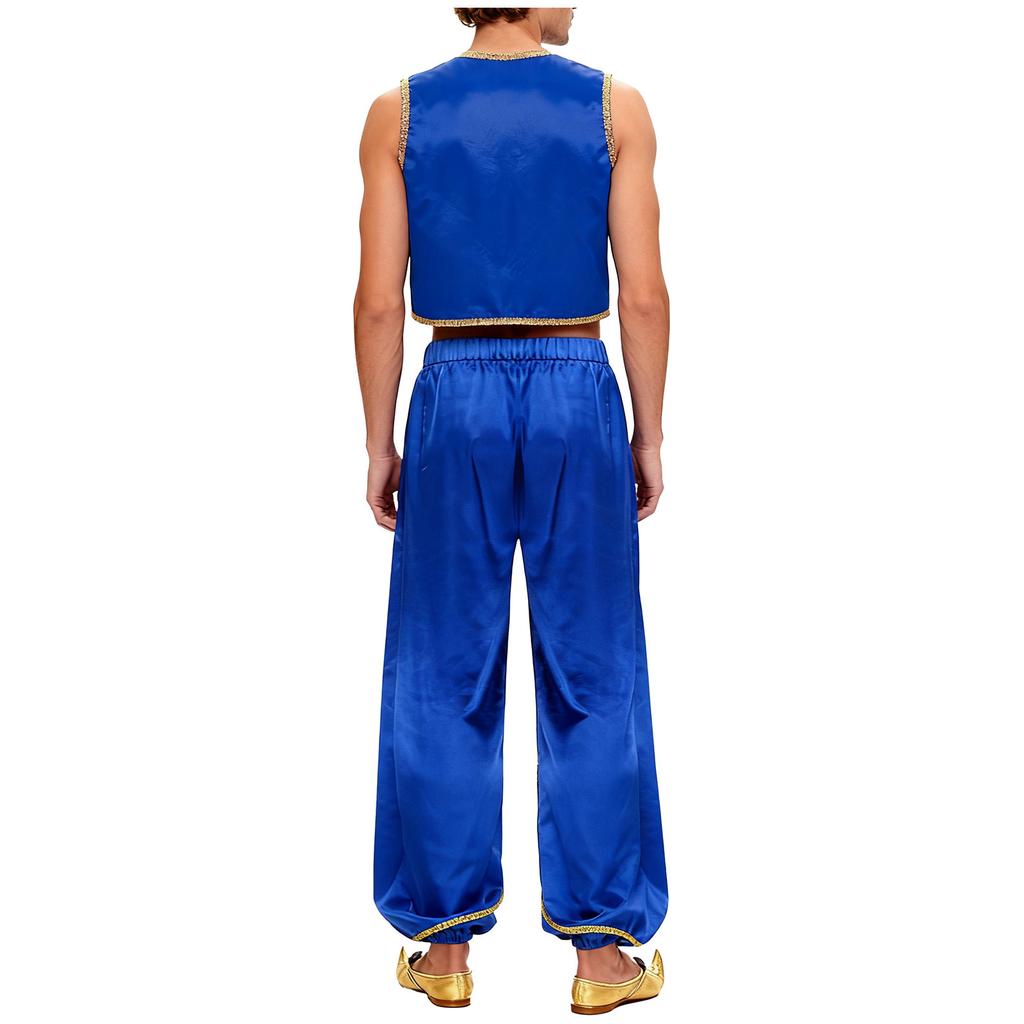 Herren Arabischer Prinz Cosplay Kostüm Satinierte Goldene Verzierungen Offene Weste Weite Hosen Indien Dhoti Palazzo Hosen