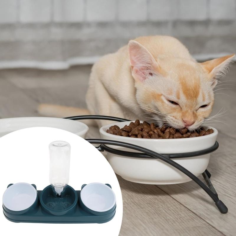 Double Bowl Pet Food Water Dish Feeder For Dog Cats Daily Feeding with Automatic Water Dispenser For Pet Dry Wet Food