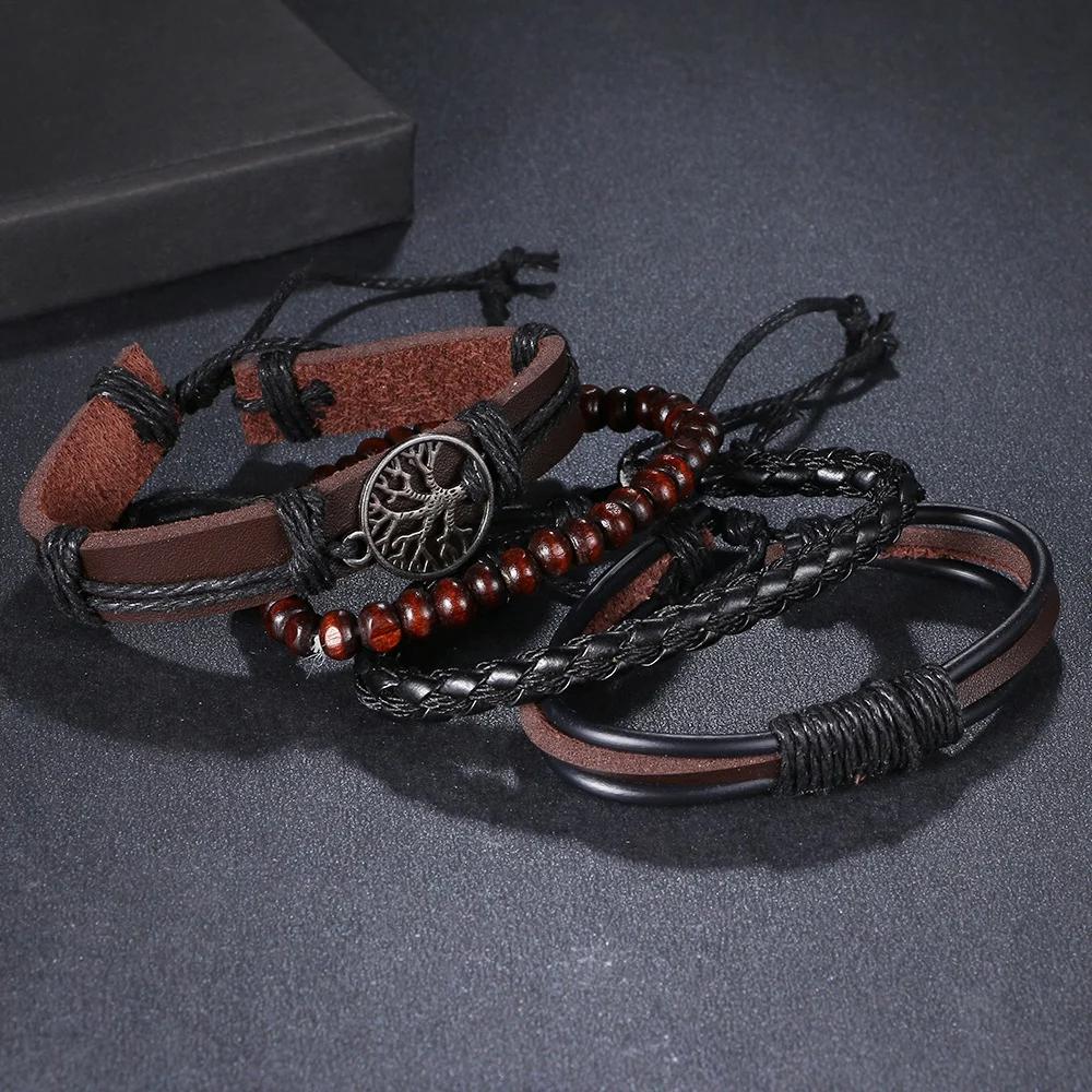 4Pcs/ Set Braided Wrap Leather Bracelets for Men Vintage Life Tree Rudder Charm Wood Beads Ethnic Tribal Wristbands