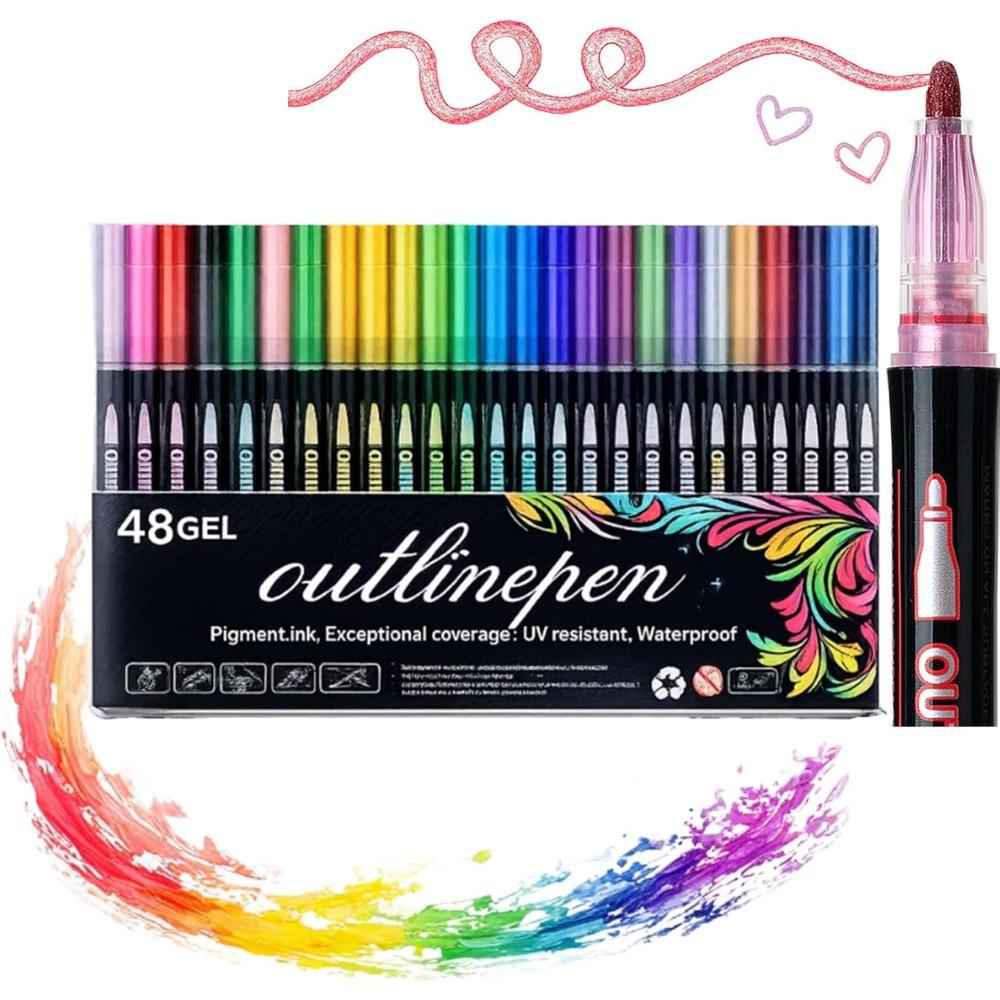 Dreamy Glitter Double-Line Outline Marker Set (12/24/36/48 Colors) Glitter Highlighter Outline Marker