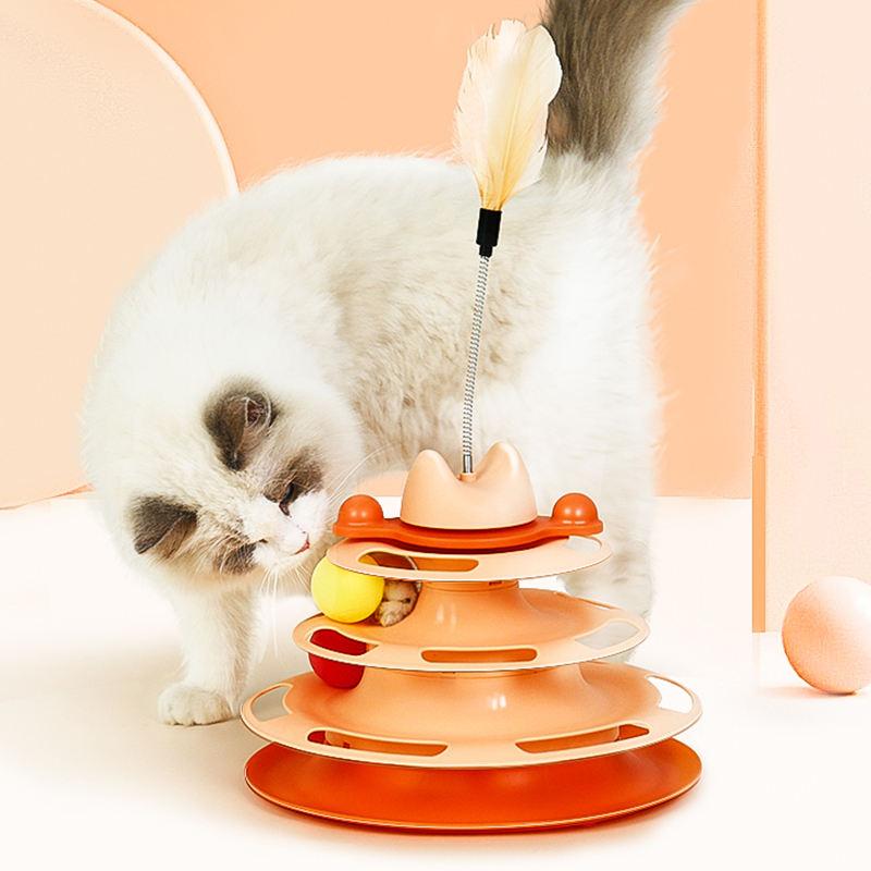 1pcs 3-Layer Feather Cat Turntable with Fun Toy Ball and Playing Stick - Interactive Toy for Cats