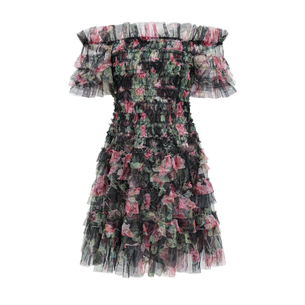 Middle Eastern Floral One-Shoulder Short Dress, Fresh and Sweet Commuter Style with Popular Embroidered Design