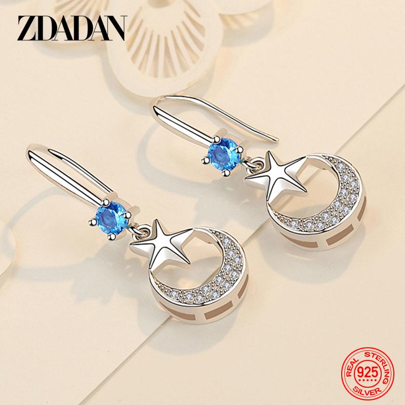925 Sterling Silber Stern Mond Zirkonia Hängeohrringe für Damen Modeschmuck