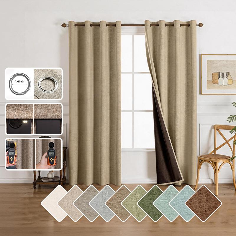 Solid Color Linen Texture Blackout Curtain with Black High Precision Thermal Insulated Sun Blocking Hotel Home Homestay Decor