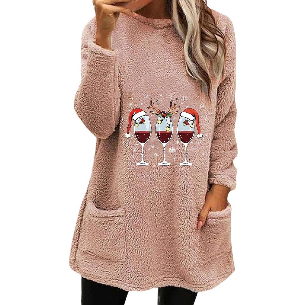 Women's Wine Glass Print Double-Sided Fleece Sweatshirt - Round Neck, Long Sleeve, with Pockets (2024)