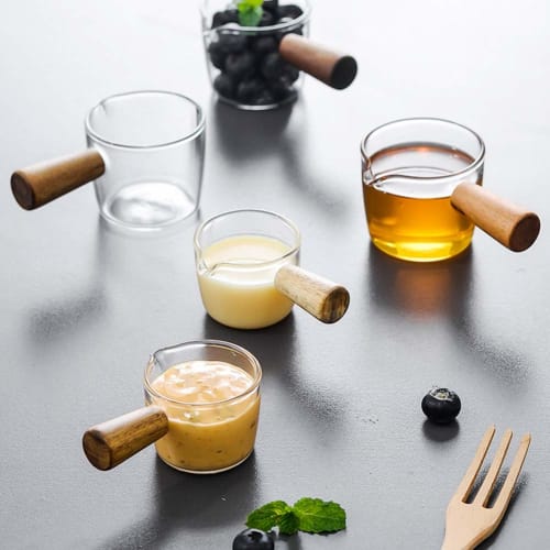 Homornat Japanese-Style Glass Multi-Purpose Dish with Wooden Handle, Coffee, Dessert, Milk Pan (50ml)