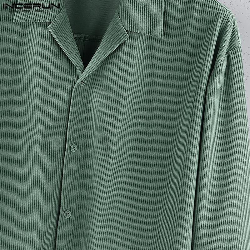 INCERUN Oversized Men Turn Down Collar Long Sleeve Texture Loose Casual Shirts Tops