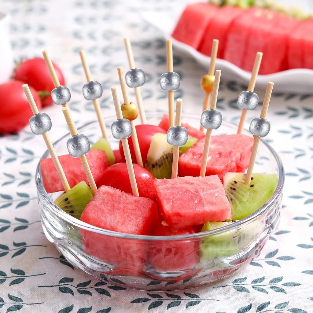 200PCS Cocktail Picks, Natural Fancy Toothpicks for Appetizers, Wooden Ball Bamboo Skewers for Appetizers, 4.7 IN Long Decorative Cocktail Sticks for