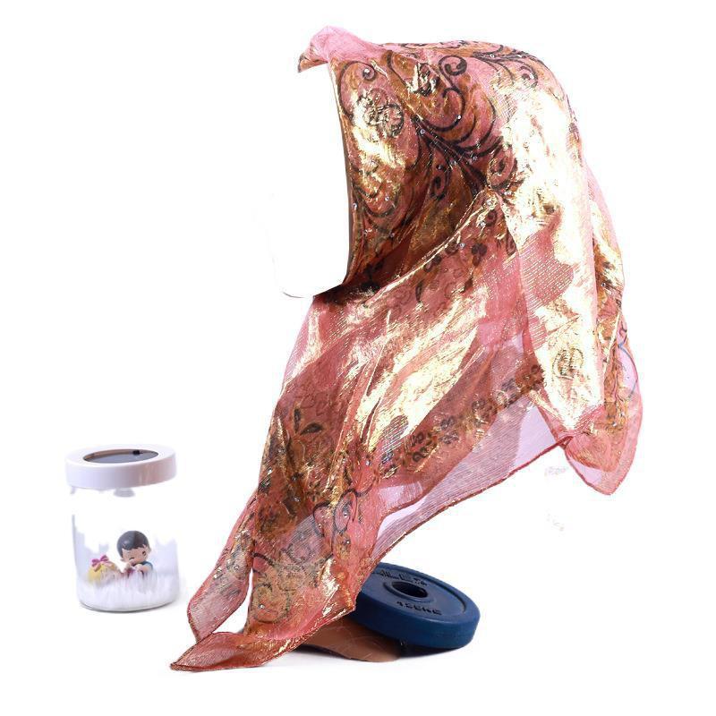 Silk Square Scarf Women Floral Print Embellished Rhinestone Cutwork Woven Headwrap Lightweight Accessory Street Style