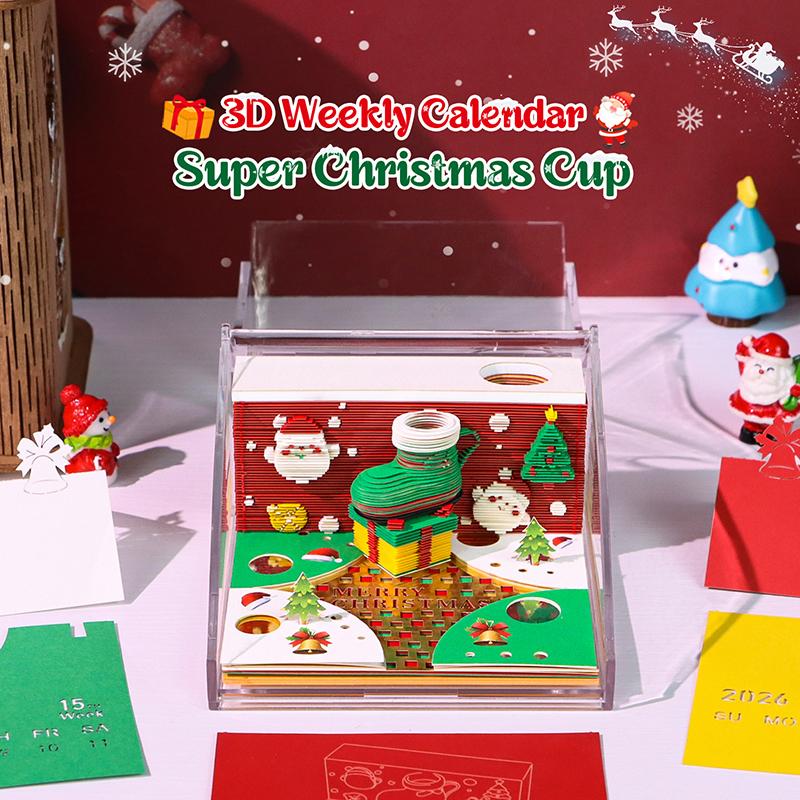 Time Piece Kalender 2026 Schreibtischkalender mit LED-Licht 3D Abreißkalender Papierschnitzkunst Notizblock Geschenk Weihnachten