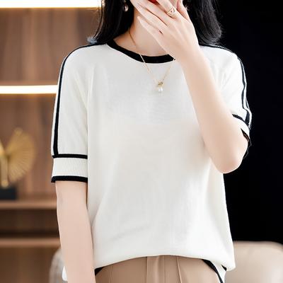 Round Neck Cotton Thread Color-blocking Knitted Short-sleeved Women's Summer New Korean Loose Versatile Simple Sweater Top