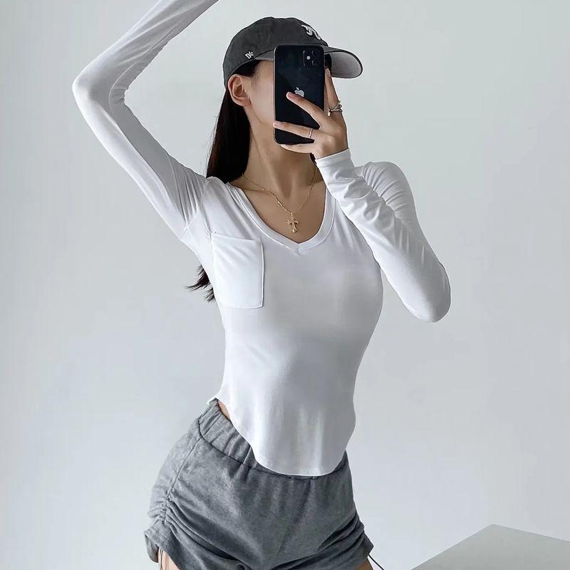 

Large V-neck Patch Pocket Thin Long Sleeves Women s T-shirt Stretch Silm High Waist Midriff Outfit Fashion Wind Pure Desire Sexy Tops White S