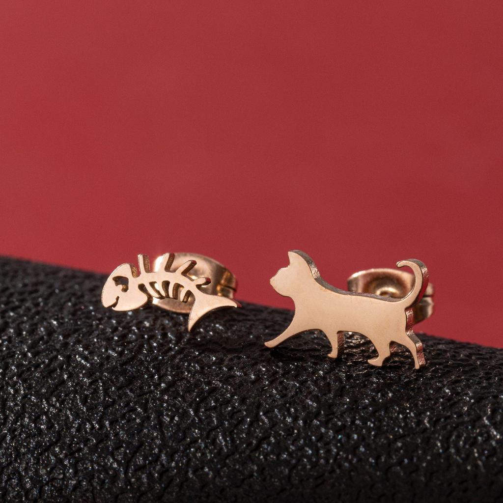 Japanese & Korean Style Asymmetrical Fish Bone Cat Earrings for Girls - Stainless Steel Niche Design