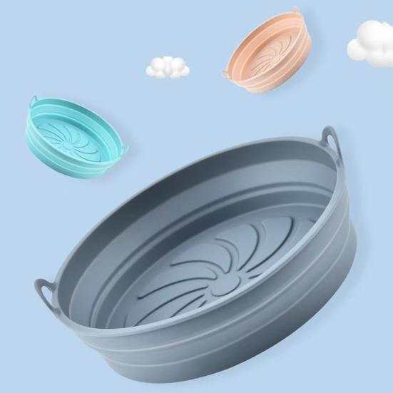 Foldable Round Silicone Fryer Liner Dual Handles Non Stick Food Grade Heat Resistant Reusable Oven Baking Tray Basket Bowl