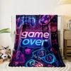 Neon gaming symbols with "game over" text on a dark cosmic background. for all seasons blanket lunch break throw gift