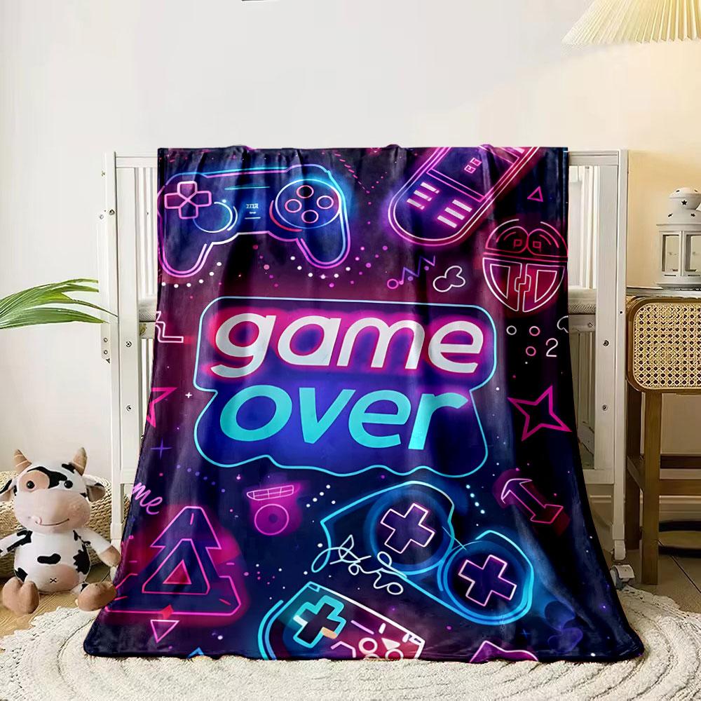 Neon gaming symbols with "game over" text on a dark cosmic background. for all seasons blanket lunch break throw gift