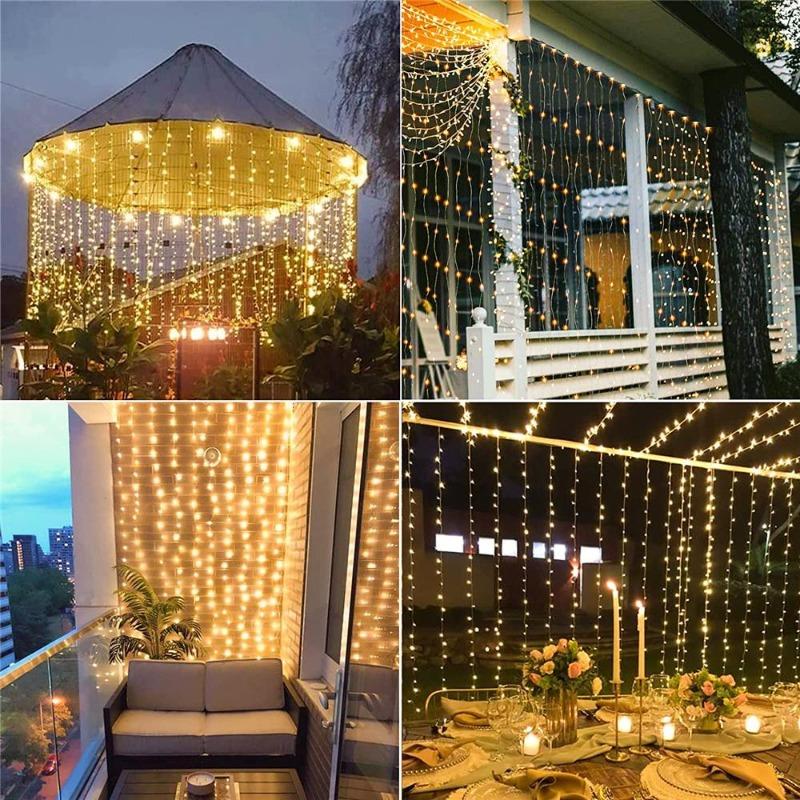 300 LED Solar Courtyard Curtain Lights Outdoor Waterproof Fairy String Lights With 8 Modes for Garden Window Bedroom Wedding
