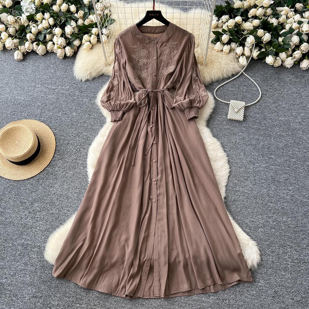 Vintage Elegant Embroidered Button Dress A-line Chic Casual Beach Vacation Women Summer Dresses