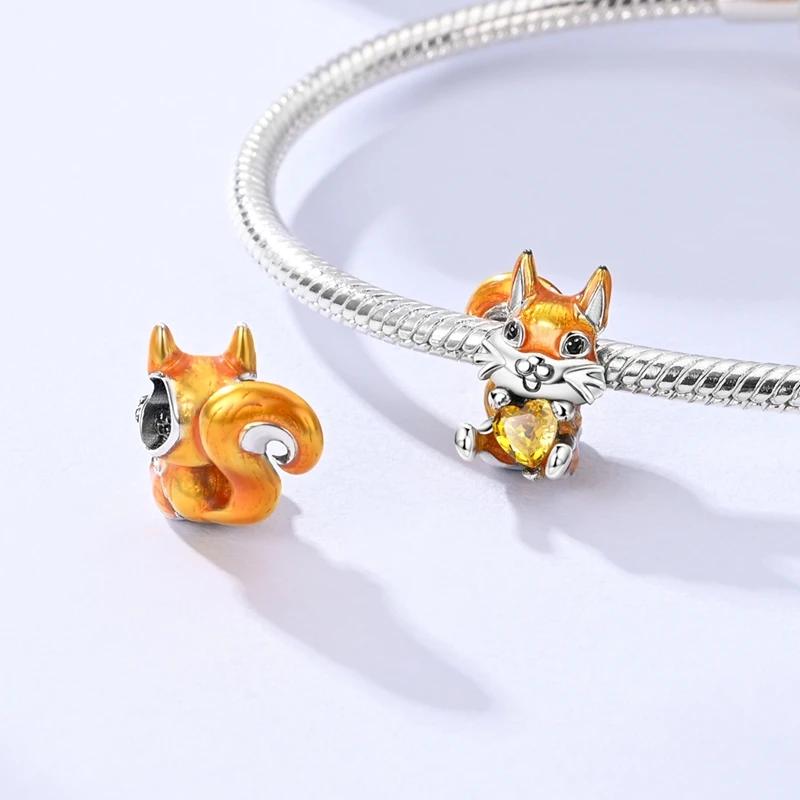 Charms Copper Plated Cute Yellow Squirrel Heart-Shaped Beads Fit Original Bracelet Beads Women Jewellery Making Diy