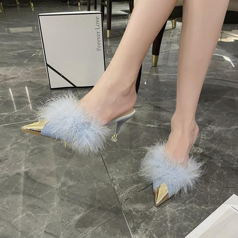 Baotou Hairy Slippers for Women 2025 Autumn New Pointed Toe Outer Metal Toe Women's Shoes Slim Heels Sweet and Lazy Half Drag