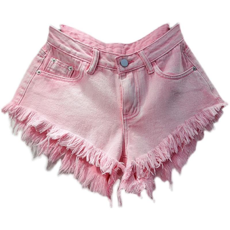Korean version 2023 summer new fringed rough edge high waist denim shorts women's loose and thin a-shaped wide leg pants hot pants