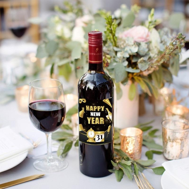 24Pcs Happy New Year Wine Bottle Labels Waterproof Wine Bottle Wrapping Sticker top sale