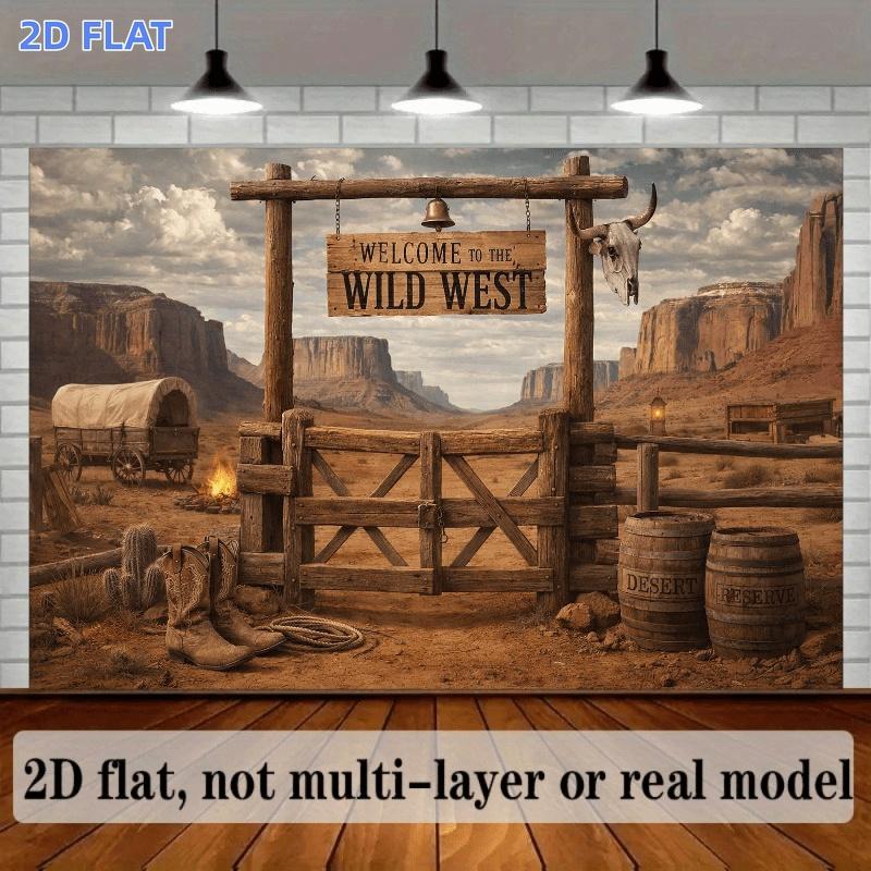 2D Flat 1-piece Product - Wild West Cowboy Background Fabric - Featuring Wooden Fence Gate and Cow Skull - Yzb