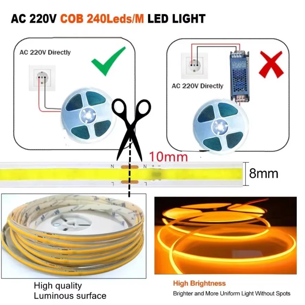 220V COB LED Páskové světlo 10m Flexibilní Páskové světlo Smart IC Není potřeba ovladač Vysoký Jas 240 LED Lineární Osvětlení RA95
