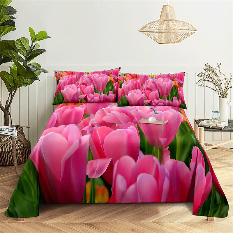 Home Bedsheets Pink Tulip Single Bedsheet Fashion Design Flowers Sheets Queen Size Bed Sheets Set Bed Sheets and Pillowcases