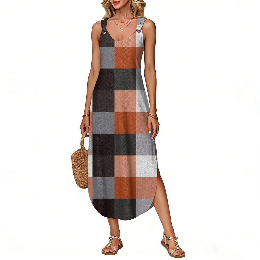 Women's Summer Long Dress, Sleeveless with Side Slits, Long Plaid Printed Vest Dress