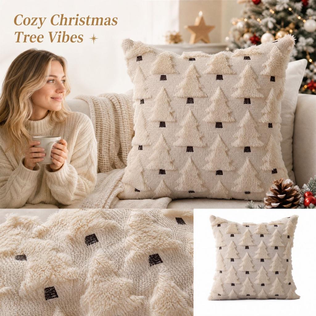 Christmas Tree Cover with Embroidery, Decorative Cushion Case for Sofa and Living Room