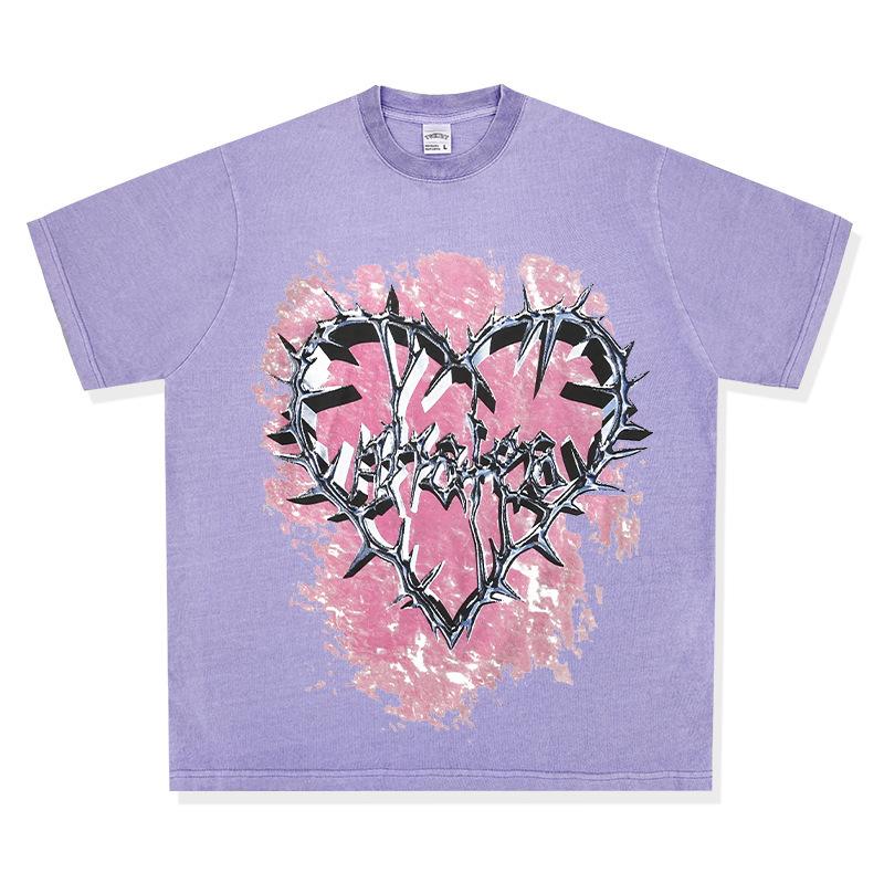 Washed Retro High Street Thorns Small Heavy Vintage Printed Short-Sleeved T-Shirt Retro Neckline Love Bottoming Shirt Cotton
