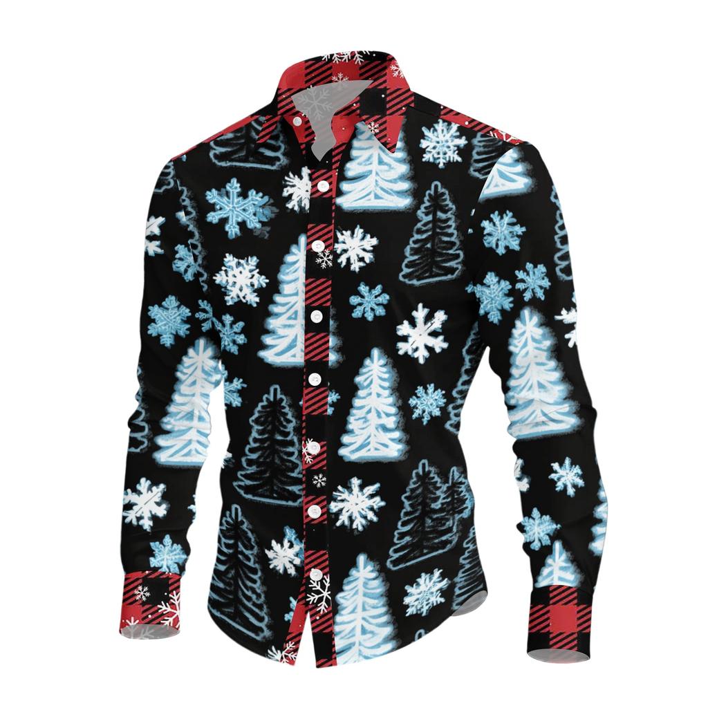 Men's Casual Long Sleeve Shirt with Christmas Print for Holiday Party and Fall