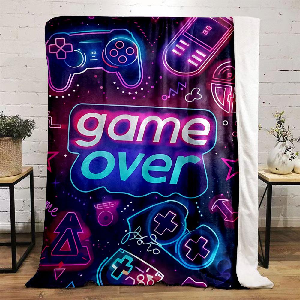 Neon gaming symbols with "game over" text on a dark cosmic background. for all seasons blanket lunch break throw gift