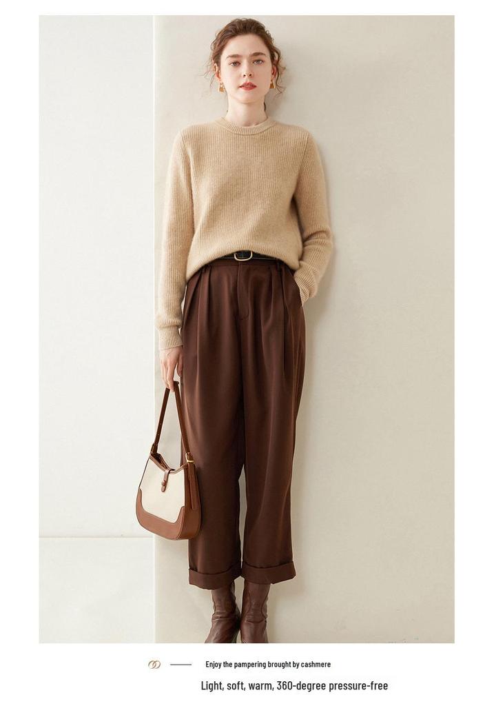 Autumn/Winter 2024 Women's Cashmere Knit Ribbed Sweater – Loose, Slimming, Round Neck Base Layer Top