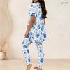 Women Plus Size Two Piece Set Round Neck Short Sleeve Floral Printed Long Top And Fitted Pants
