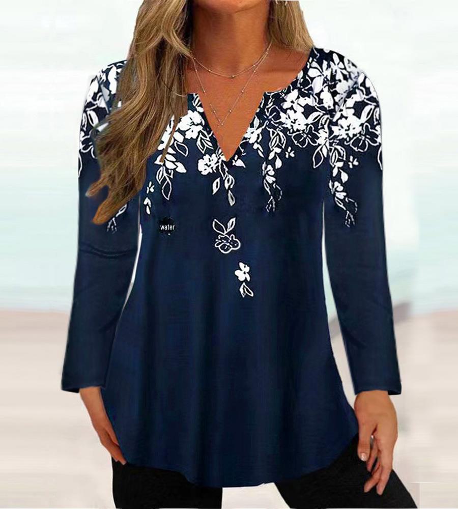 2023 Autumn/Winter Women's V-Neck Printed Long-Sleeve T-Shirt