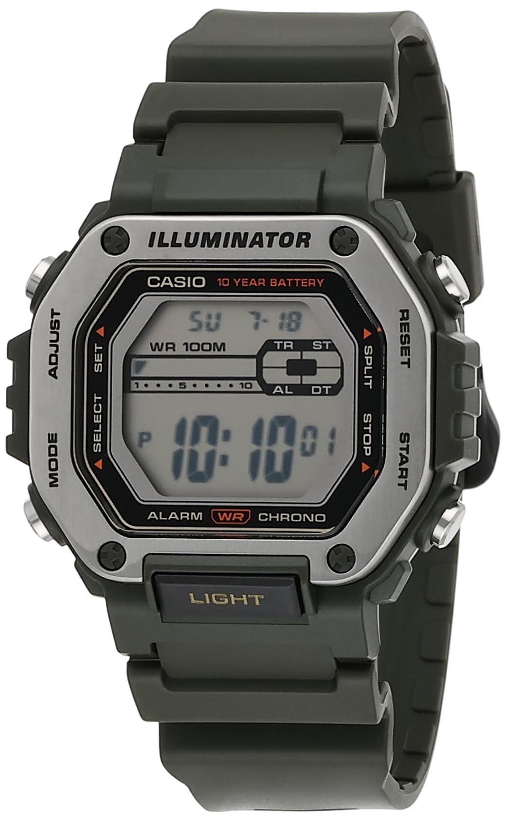 

Casio Светодиодная подсветка Секундомер Ежедневный будильник Часы Современные 10-летняя батарея 1/100 Мужские MWD-110H-3AV, Зеленый, Зеленый, зелёный