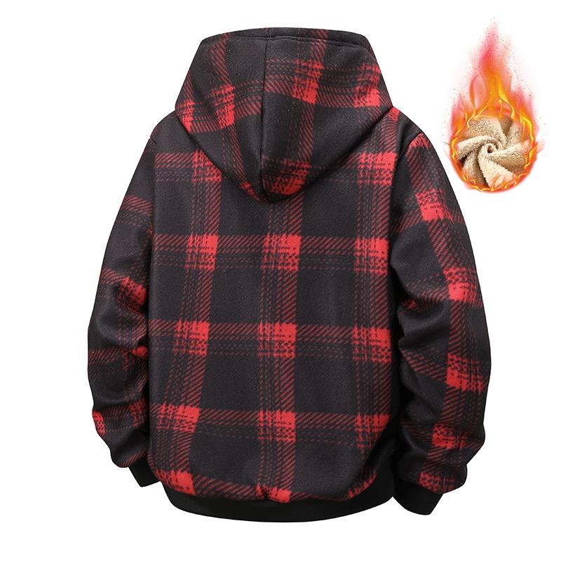 Men S Plaid Hooded Plush Fleece Thick Warm Casual Outdoor Sports Jacket