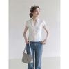 White ruffle V-neck button-down short-sleeved shirt women's summer design sense slim-fitting beautiful small top