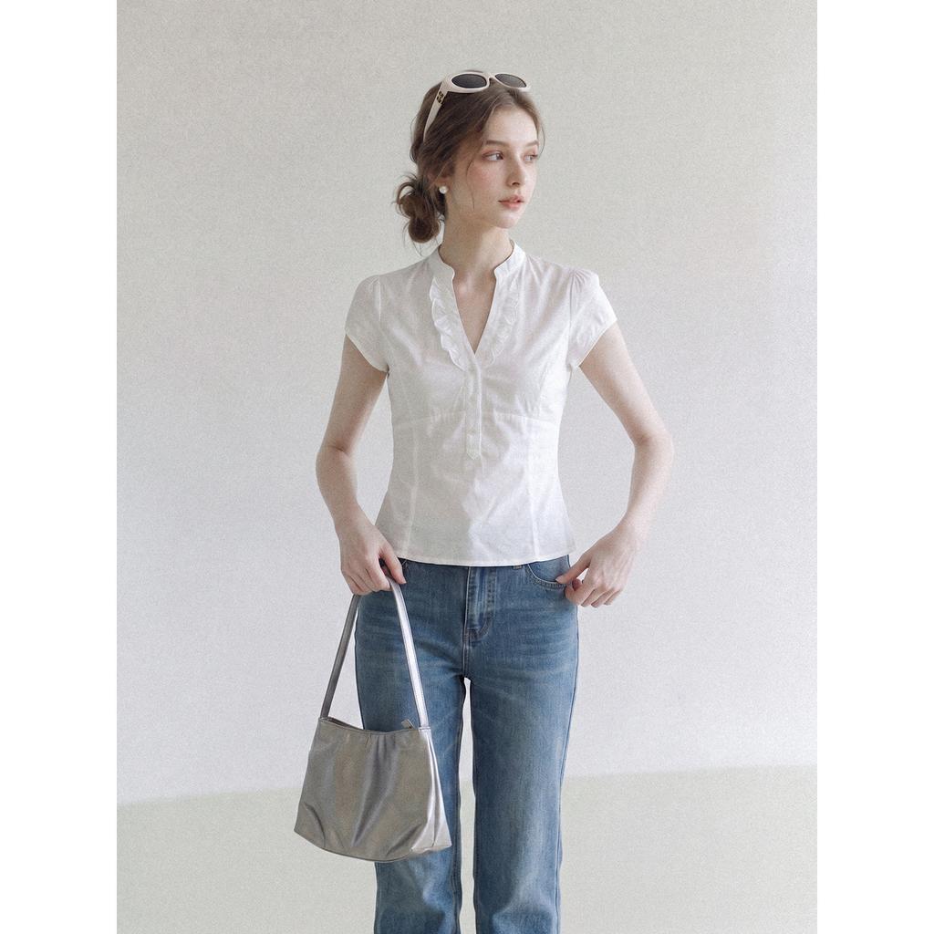 White ruffle V-neck button-down short-sleeved shirt women's summer design sense slim-fitting beautiful small top