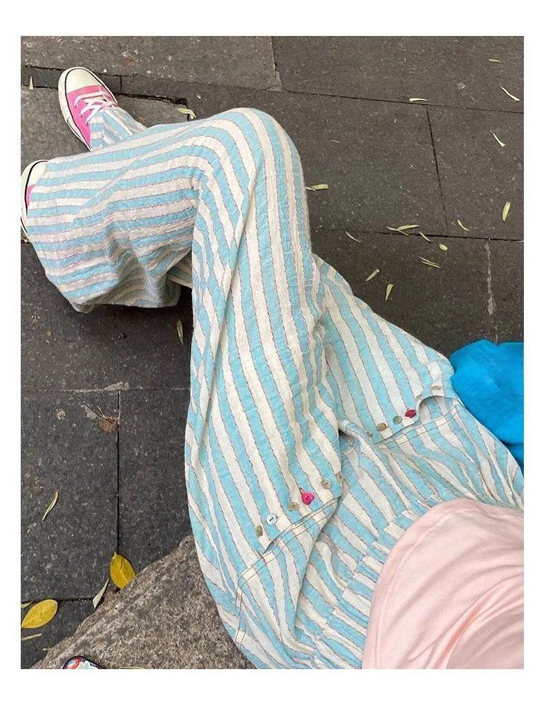

2025 New Women s Green Striped Ice Silk Wide-Leg Pants: Casual, Loose, Colorful Button, Straight-Leg Style for Spring and Autumn XL (up to 65 kg)