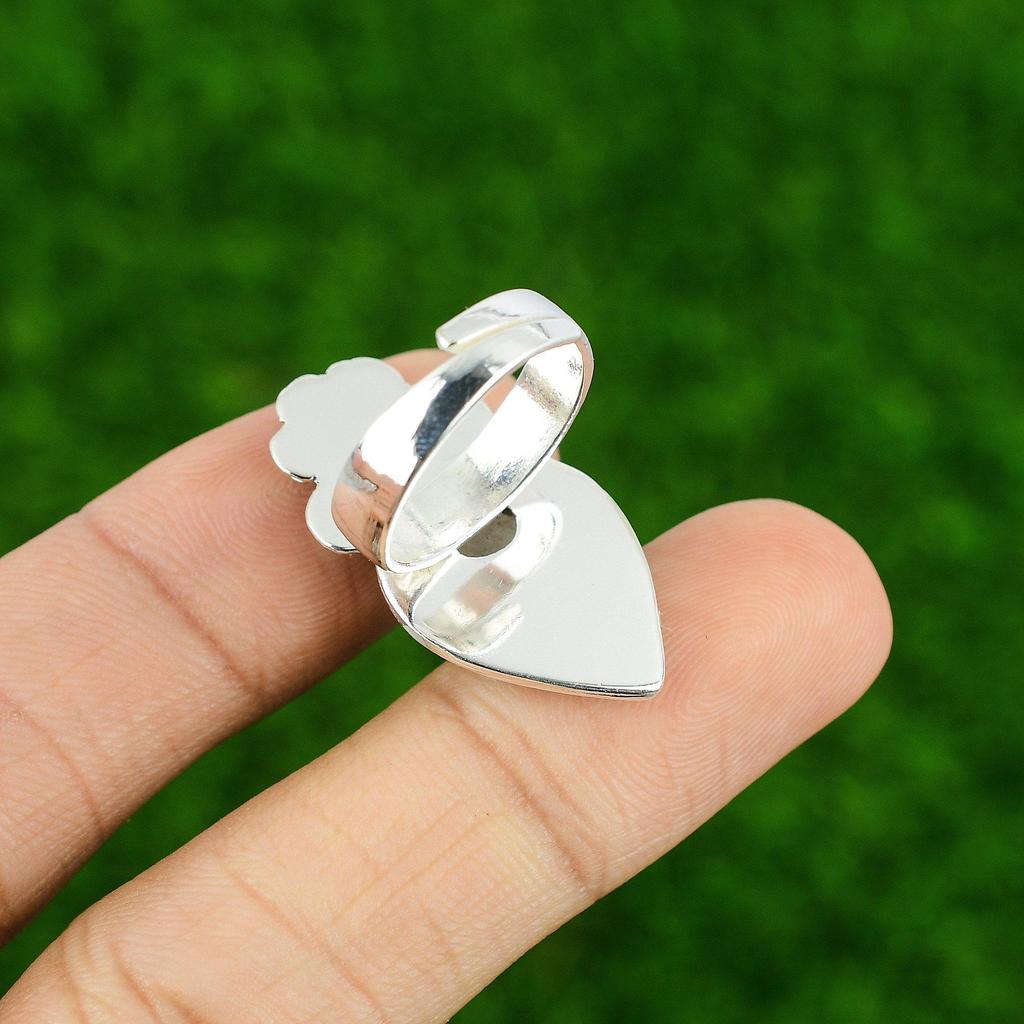 925 Silver Natural Rainbow Moonstone Stackable Flower Adjustable Ring