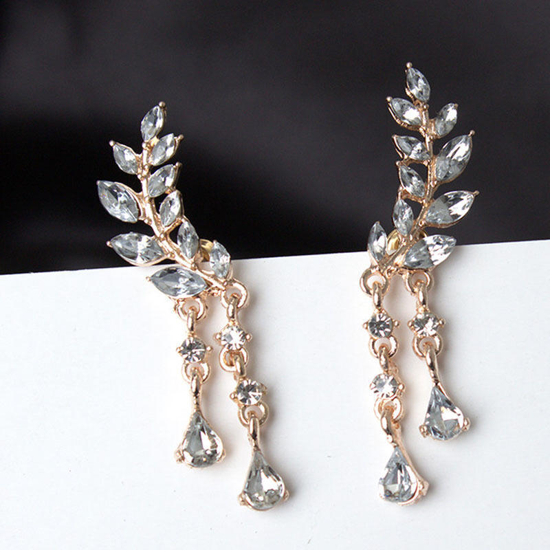 Crystal Women Zircon Leaves Tassel Drop Dangle Earrings