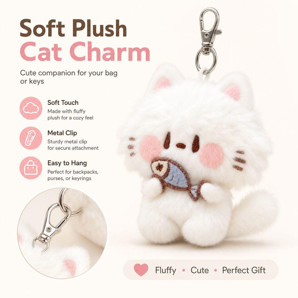 Metal Clip Plush Cat Keychain Soft Touch Kitty Keyring Cute Stuffed Cat Pendant  Key Decoration